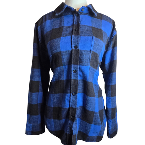 American Eagle Womens Small Flannel Plaid Blue Black Boyfriend Fit Button Shirt - Picture 1 of 10